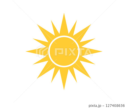 Bright, minimalist sun illustration. Symbol of summer, energy, and positivity. Use for weather forecasts, travel blogs, and childrens books. Vector format. 127408636