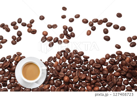 Falling coffee beans and white cup of coffee isolated on white background with clipping path Falling coffee beans and white cup of coffee isolated on white background with clipping path 127408723