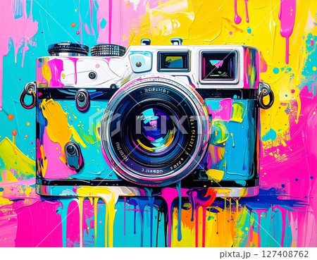 モダンでポップなアートスタイルのレトロなカメラ 127408762