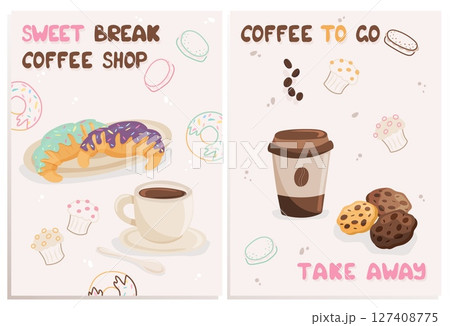 Coffee shop brochure with sweets and beverages 127408775