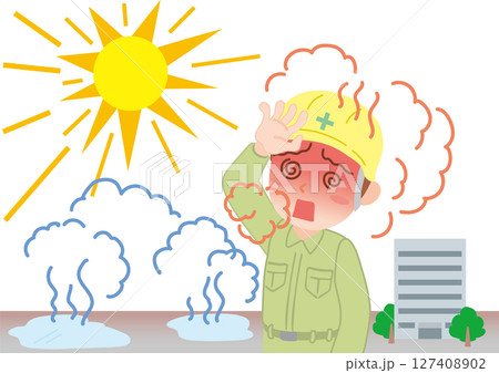 熱中症_湿度_作業着の屋外で働く人 熱中症_湿度_作業着の屋外で働く人 127408902