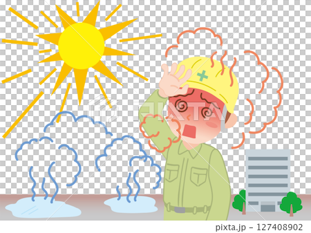 熱中症_湿度_作業着の屋外で働く人 熱中症_湿度_作業着の屋外で働く人 127408902