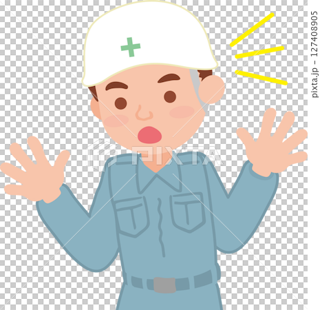 驚いた表情のヘルメットを被り作業着を着た人_上半身 127408905
