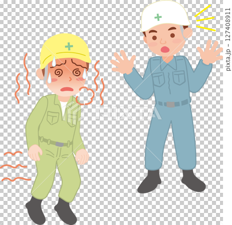 熱中症対策_熱中症の人を見つける_作業着の働く人 熱中症対策_熱中症の人を見つける_作業着の働く人 127408911