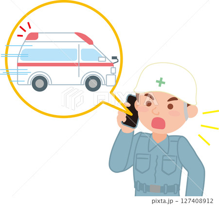 救急車を呼ぶ_ヘルメットを被り作業着を着た人 救急車を呼ぶ_ヘルメットを被り作業着を着た人 127408912