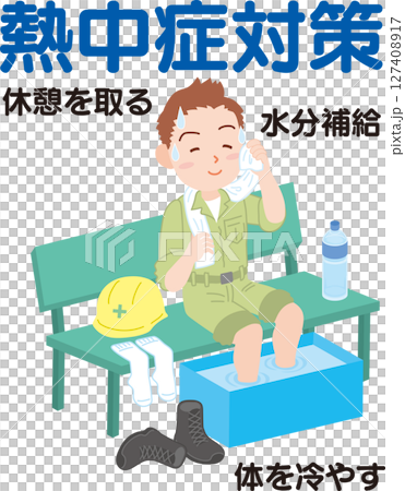 熱中症対策_休憩の取り方_足を冷やしながら汗を拭く作業着の男性_文字入り 熱中症対策_休憩の取り方_足を冷やしながら汗を拭く作業着の男性_文字入り 127408917