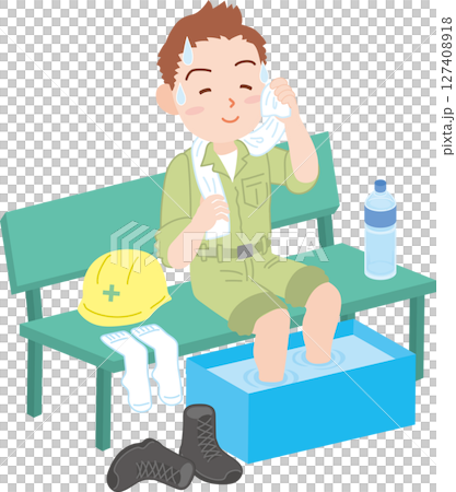 預防中暑_如何休息_穿著工作服的男人一邊擦汗一邊給腳降溫的插圖 127408918