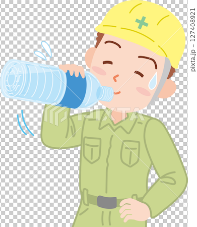 水分補給_ペットボトルの水を飲む作業着姿の男性 127408921