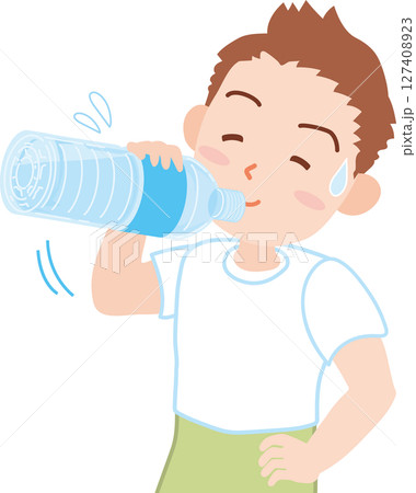 水分補給_ペットボトルの水を飲む半袖姿の男性 水分補給_ペットボトルの水を飲む半袖姿の男性 127408923