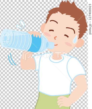 Hydration_A man in short sleeves drinking water from a plastic bottle 127408923