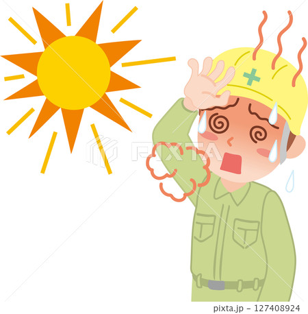 熱中症_ヘルメットと作業着を着た男性_太陽あり 熱中症_ヘルメットと作業着を着た男性_太陽あり 127408924