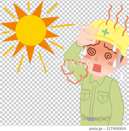 熱中症_ヘルメットと作業着を着た男性_太陽あり 熱中症_ヘルメットと作業着を着た男性_太陽あり 127408924