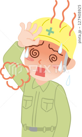 熱中症_ヘルメットと作業着を着た男性_熱中症のイラスト 熱中症_ヘルメットと作業着を着た男性_熱中症のイラスト 127408925