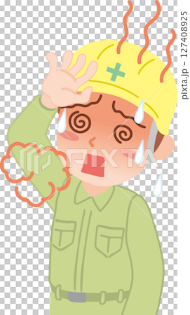 中暑_一名戴著安全帽、穿著工作服的男子_中暑插圖 中暑_一名戴著安全帽、穿著工作服的男子_中暑插圖 127408925