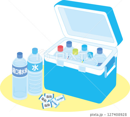 熱中症対策_クーラーボックスに入った飲み物_塩飴_水_経口補水液_背景楕円入り 熱中症対策_クーラーボックスに入った飲み物_塩飴_水_経口補水液_背景楕円入り 127408928