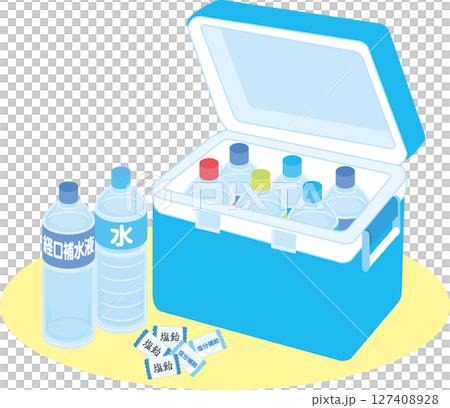 熱中症対策_クーラーボックスに入った飲み物_塩飴_水_経口補水液_背景楕円入り 熱中症対策_クーラーボックスに入った飲み物_塩飴_水_経口補水液_背景楕円入り 127408928