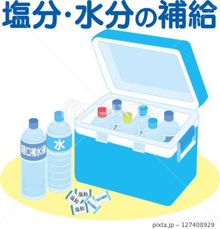 熱中症対策_クーラーボックスに入った飲み物_塩飴_水_経口補水液_文字入り 熱中症対策_クーラーボックスに入った飲み物_塩飴_水_経口補水液_文字入り 127408929