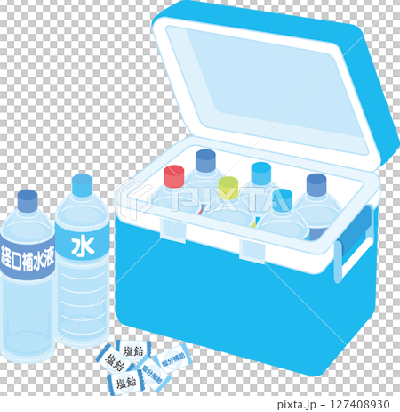 熱中症対策_クーラーボックスに入った飲み物_塩飴_水_経口補水液 127408930
