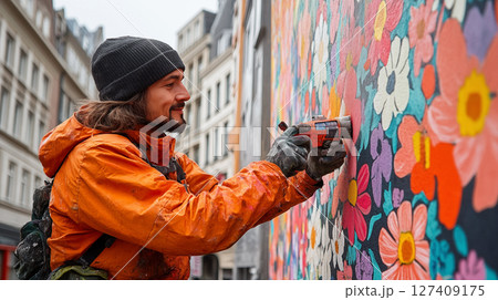 Street artist painting colorful floral mural on urban wall, vibrant public artwork Street artist painting colorful floral mural on urban wall, vibrant public artwork 127409175