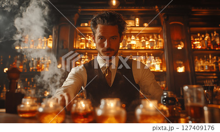 Stylish bartender preparing cocktails in upscale vintage bar, atmospheric lighting Stylish bartender preparing cocktails in upscale vintage bar, atmospheric lighting 127409176