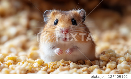 Adorable hamster peeks curiously at camera while sitting on food. Concept of pet cuteness Adorable hamster peeks curiously at camera while sitting on food. Concept of pet cuteness 127409192