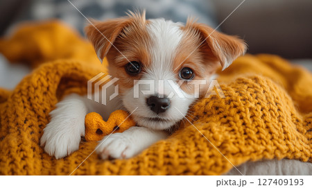 Adorable puppy cuddling with yellow blanket. Concept of pet companionship Adorable puppy cuddling with yellow blanket. Concept of pet companionship 127409193