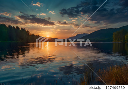 sunset over the lake 127409280