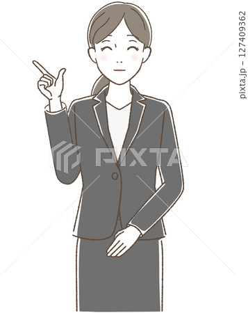 正面をむいて指をさし微笑む女性 正面をむいて指をさし微笑む女性 127409362