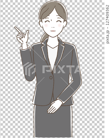 A woman pointing and smiling, facing forward 127409362