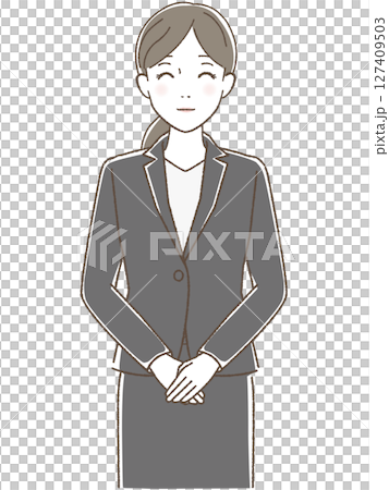 一位身著西裝、面帶微笑的女士面朝前方 一位身著西裝、面帶微笑的女士面朝前方 127409503