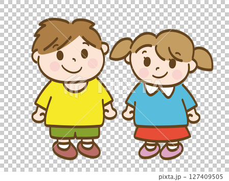 Full-body illustration of a cute smiling boy and girl 127409505
