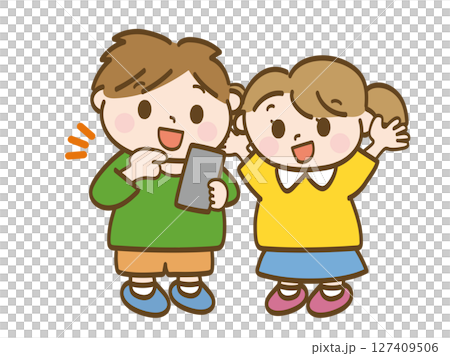 Full-body illustration of a boy and girl playing with a smartphone Full-body illustration of a boy and girl playing with a smartphone 127409506