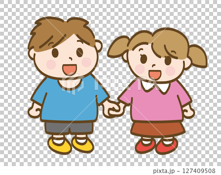 男孩和女孩開心地手牽手的全身插畫 男孩和女孩開心地手牽手的全身插畫 127409508