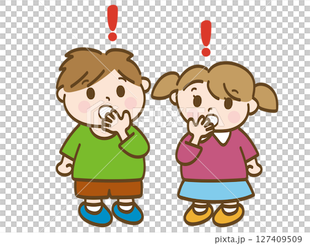 口を塞いでびっくりする男の子と女の子の全身イラスト 127409509