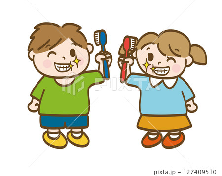 歯磨きをしてキレイな歯の男の子と女の子の全身イラスト 歯磨きをしてキレイな歯の男の子と女の子の全身イラスト 127409510