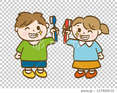 歯磨きをしてキレイな歯の男の子と女の子の全身イラスト 歯磨きをしてキレイな歯の男の子と女の子の全身イラスト 127409510