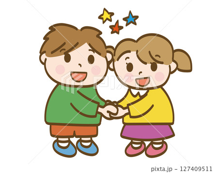 手を繋いで友情を確かめ合う男の子と女の子の全身イラスト 127409511