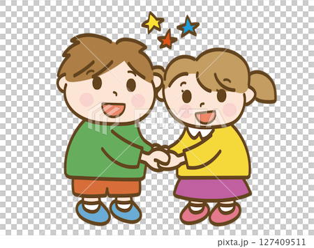 手を繋いで友情を確かめ合う男の子と女の子の全身イラスト 127409511