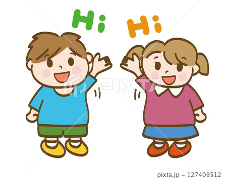 手を上げて元気に返事をする男の子と女の子の全身イラスト 127409512