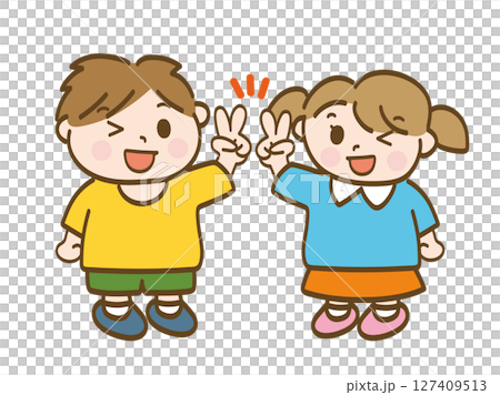 仲良く笑顔でピースをする男の子と女の子の全身イラスト 仲良く笑顔でピースをする男の子と女の子の全身イラスト 127409513