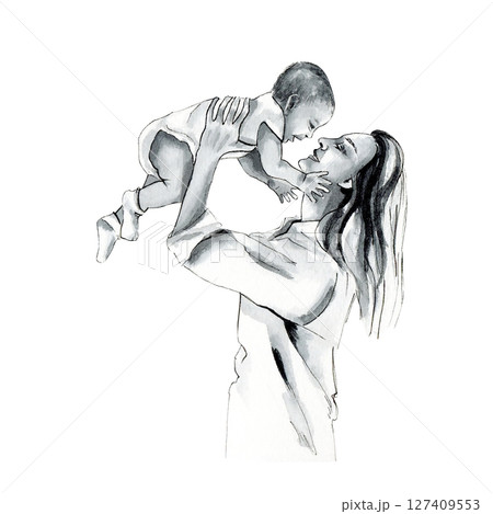 Mother lifted child above her head. Happy mom holds smiling baby. Watercolor illustration, sketch style isolated from background. Motherhood concept to Mother's Day. For print on children's products Mother lifted child above her head. Happy mom holds smiling baby. Watercolor illustration, sketch style isolated from background. Motherhood concept to Mother's Day. For print on children's products 127409553