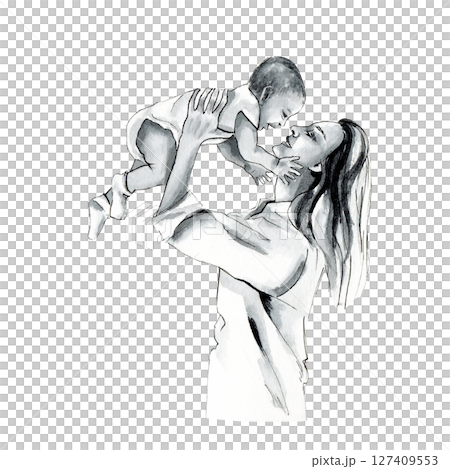 Mother lifted child above her head. Happy mom holds smiling baby. Watercolor illustration, sketch style isolated from background. Motherhood concept to Mother's Day. For print on children's products Mother lifted child above her head. Happy mom holds smiling baby. Watercolor illustration, sketch style isolated from background. Motherhood concept to Mother's Day. For print on children's products 127409553