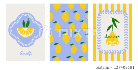 Cute naive Italy Amalfi poster cover template design set. Italian dolce vita vector illustration theme for Summer background card print with lemons. Textured pencil drawing 127409581