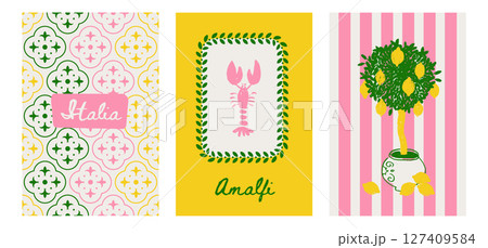 Summer Italy Amalfi cards set. Vector illustration of Mediterranean italian tiles, lemon tree, striped pattern and lobster on plate for poster or background. Naive textured hand drawn design. 127409584