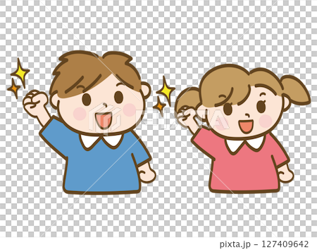 男孩和女孩興奮地揮舞拳頭的插圖 127409642