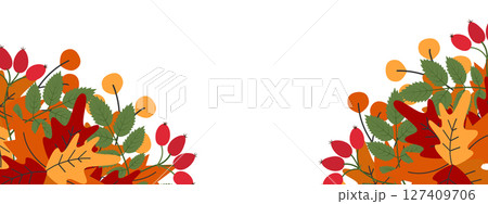 Hand drawn Colorful Autumn leaves bouquets Composition Double sided Frame border Copy space Template Hand drawn Colorful Autumn leaves bouquets Composition Double sided Frame border Copy space Template 127409706