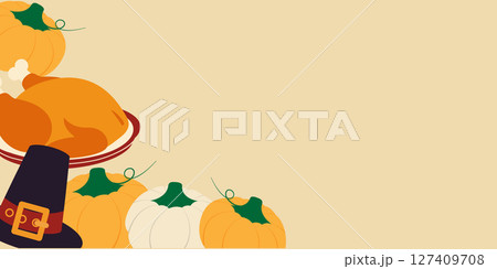 Corner Frame of Freehand Pilgrim Hat Fried Turkey and Multicolored Pumpkins Copy space Template Fond 127409708