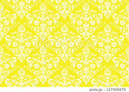 Wallpaper in the style of Baroque. White and yellow floral ornament. Seamless vector background. Graphic pattern for fabric, wallpaper, packaging. Ornate Damask flower illustration 127409878