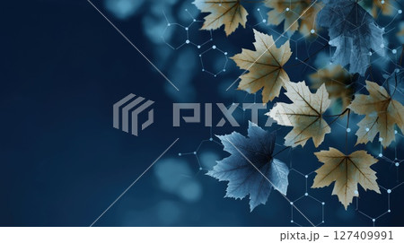 Autumn leaves in shades of blue and gold with abstract molecular structure background design 127409991
