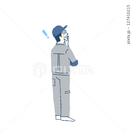 上の方を見て喜んでいる後ろ姿の作業服の男性 127410215